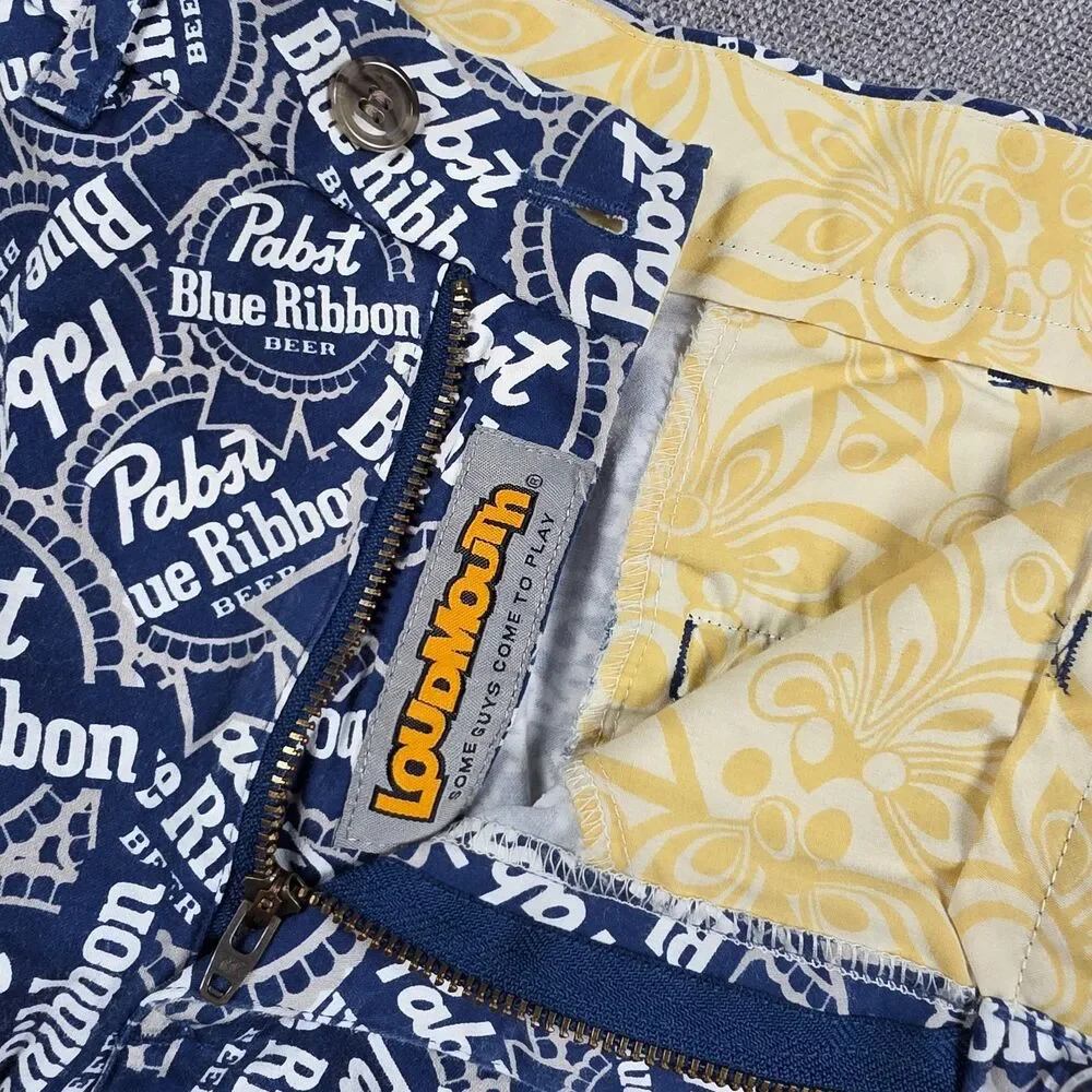 Loudmouth Golf Shorts Mens 30 Pabst Blue Ribbon PBR Beer Bottle Cap Novelty Navy